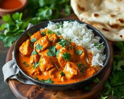 ai genererad kyckling tikka masala med ris och naan. indisk kök foto