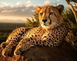 ai genererad gepard vilar på en sten i de okavango delta, botswana. foto