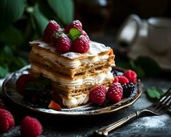 ai genererad pannkakor med hallon och björnbär, selektiv fokus foto