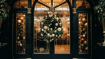 ai genererad jul dekoration detaljer på engelsk styled lyx hög gata stad Lagra dörr eller handla fönster visa, Semester försäljning och affär dekor foto