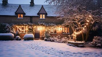 ai genererad jul i de landsbygden, stuga och trädgård dekorerad för högtider på en snöig vinter- kväll med snö och Semester lampor, engelsk Land styling foto