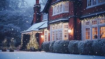 ai genererad jul i de landsbygden herrgård, engelsk Land hus herrgård dekorerad för högtider på en snöig vinter- kväll med snö och Semester lampor, glad jul och Lycklig högtider foto