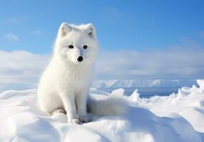 ai genererad polär räv på de snöig jord ser på oss foto