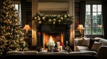ai genererad jul på de herrgård, engelsk landsbygden dekoration och interiör dekor foto