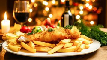 ai genererad fisk och pommes frites för vinter- Semester middag, traditionell brittiskt kök recept i engelsk Land Hem, högtider firande och hemlagad mat foto