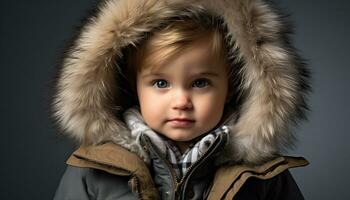 ai genererad liten pojke bär vinter- täcka med hårig huva foto