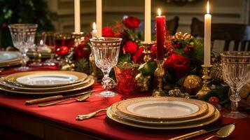 ai genererad Semester tabell dekor, jul högtider firande, bordsbild och middag tabell miljö, engelsk Land dekoration och Hem styling foto