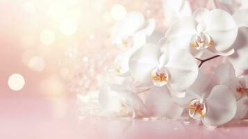 ai genererad vit orkidéer bukett på ljus persika rosa bakgrund med glitter och bokeh. baner med kopia Plats. perfekt för affisch, hälsning kort, händelse inbjudan, befordran, reklam, skriva ut foto