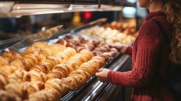 ai genererad kvinna är ser på en mängd av bakverk visas i bageri. de visa fall inkluderar bröd, croissanter, och Övrig bakad varor. lady uppköp degliknande på mataffär. mat handla begrepp. foto