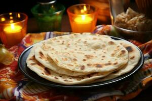 ai genererad hemlagad värme roti chapati, en utsökt tunnbröd, nådar de tabell foto