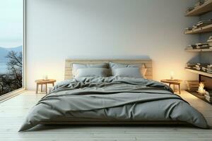 ai genererad mysigt reträtt sovrum i Hem eller lägenhet, designad för avslappning foto