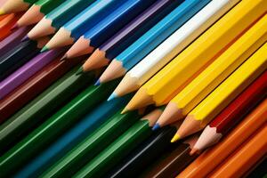 ai genererad vibrerande spektrum olika och färgrik pennor på papper inspirera konstnärlig fantasi och uttryck foto