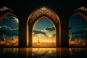 ai genererad moské, lykta, och fönster bakgrund i strålnings islamic eid mubarak foto
