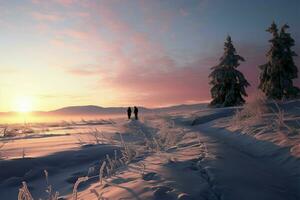 ai genererad kväll frost vinter- landskap målad i de nyanser av en solnedgång foto