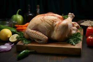 ai genererad trä- duk en rå hela kyckling visas med vibrerande grönsaker foto