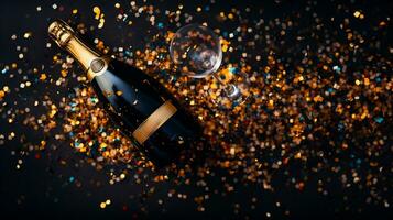 ai genererad flaska av champagne och glasögon på svart bakgrund med gyllene konfetti. foto