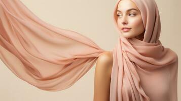 ai genererad skön ung kvinna i rosa silke scarf. skönhet, mode. foto