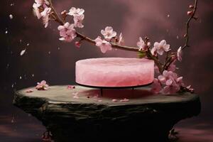 ai genererad körsbär blommar och rosa piedestal, 3d framställa, kosmetisk piedestal, en rosa podium med sakura kronblad, ai genererad foto