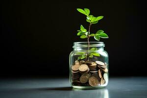 ai genererad investering begrepp, mynt i glas burk med växt på svart bakgrund, en glas burk full av mynt med en liten växt växande inuti, symboliserar finansiell tillväxt, ai genererad foto
