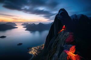 ai genererad lofoten öar, Norge. lofoten är ett skärgård i de grevskap av nordland, klättrare klättrar de stor sten, hög bergen lofoten ö, hiper norden ljus, midnatt Sol, ai genererad foto