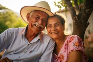 ai genererad porträtt av en senior par med en leende, ett äldre latinamerikan par njuter utomhus, deras kärlek påtaglig, ai genererad foto
