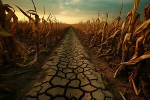 ai genererad torr och knäckt jord i de majs fält, begrepp av torka, torka i en sädesfält, ai genererad foto