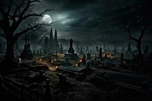 ai genererad läskigt kyrkogård på natt. halloween begrepp. skrämmande kyrkogård på natt med full måne, ett olycksbådande, efterhängsen kyrkogård under de full månens ljus, ai genererad foto