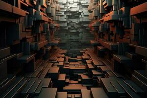 ai genererad abstrakt 3d tolkning av kaotisk kuber. trogen bakgrund design, 3d abstrakt industriell bakgrund, ai genererad foto