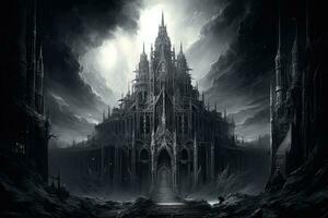 ai genererad fantasi landskap med gotik katedral. 3d illustration, ai genererad foto
