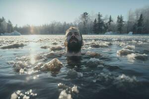 ai genererad man nedsänkning i isig vatten på vinter- dag. generera ai foto