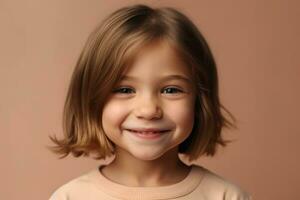 ai genererad leende flicka barn med kort frisyr studio porträtt. generera ai foto
