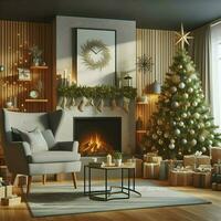 ai genererad en levande rum med en öppen spis, jul träd och presenterar foto