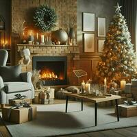 ai genererad en levande rum med en öppen spis, jul träd och presenterar foto