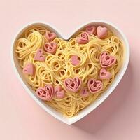 ai genererad en 3d hjärta formad låda med spaghetti på isolerat vit bakgrund. genererad med ai foto