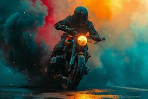 ai genererad racer på ett motorcykel mot en bakgrund av flerfärgad rök foto