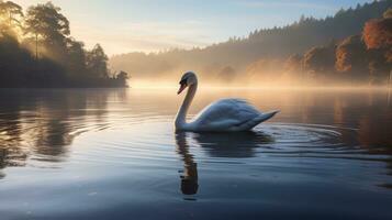 ai genererad de lugn skönhet av en ensam svan rör på sig graciöst tvärs över en lugna och reflekterande sjö på gryning foto