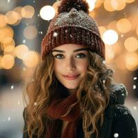 ai genererad en skön kvinna i de snöig jul foto