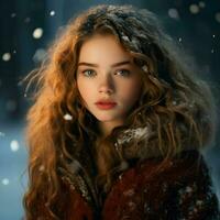 ai genererad en skön kvinna i de snöig jul foto