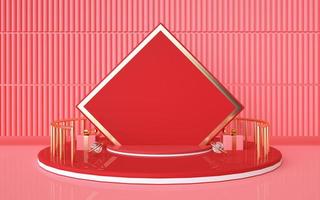 3D -rendering av lyxig geometrisk form röd bakgrund med ett podium för produktställ