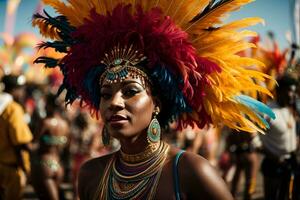 ai genererad en kvinna i en karneval kostym med fjädrar på henne huvud foto