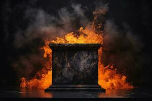 ai genererad svart marmor podium omgiven förbi flammande lågor, brand, pelare, trappa. generativ ai foto