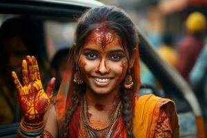 ai genererad kvinna avslöjande holi målad händer på indisk gator, holi festival bild ladda ner foto