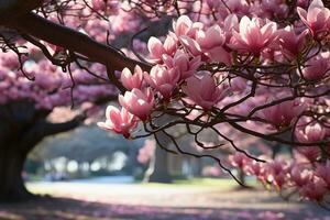 ai genererad magnolia blommor förbi de majestätisk träd, vår session foton