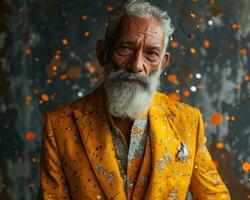 ai genererad leende äldre i vibrerande gul kostym med lekfull konfetti, aktiva seniors livsstil bilder foto