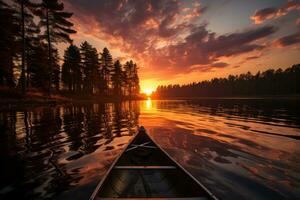ai genererad solnedgång lugna reflekterande ögonblick paddla kanot på de sjö, soluppgång och solnedgång tapet foto