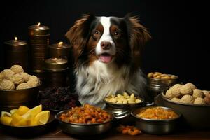 ai genererad Foto av en hund bredvid mat skålar, sällskapsdjur Foto