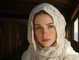 ai genererad en muslim kvinna i ren vit plagg, eid och ramadan bilder foto
