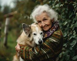 ai genererad äldre lady kramar henne hund utomhus, sällskapsdjur fotografi foto