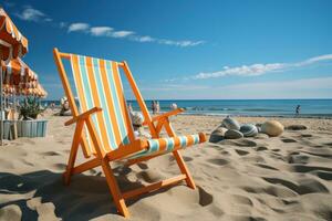 ai genererad internet redo strand stol för fri ladda ner, avkopplande sommar scen foto