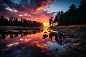 ai genererad solnedgång spegel fredlig sjön ekar skymning himmel, soluppgång och solnedgång tapet foto